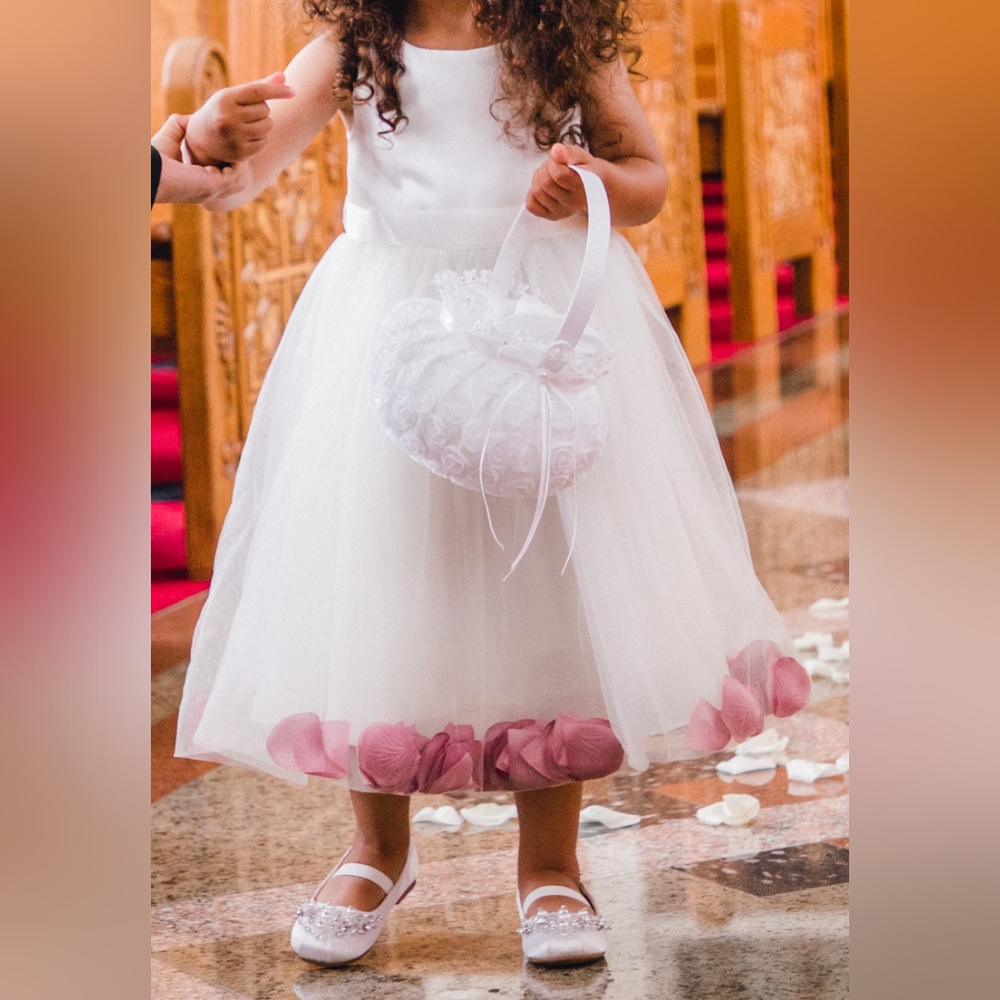 David's bridal satin tulle flower girl dress with wine colored petals- size 2/3T